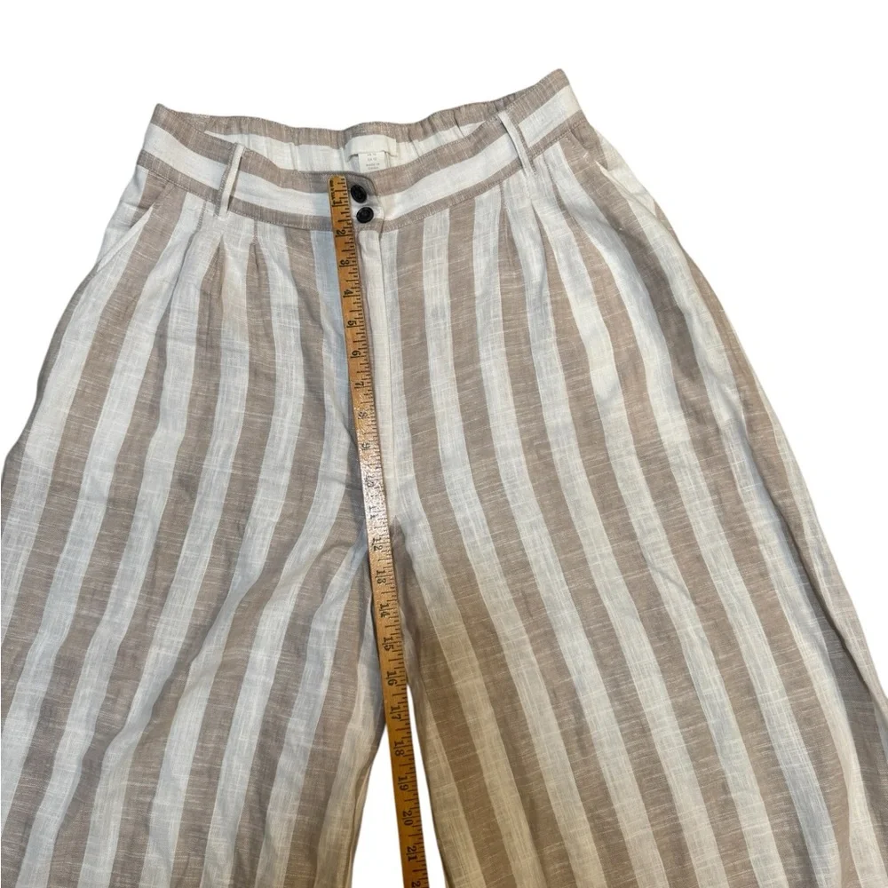 H&M Wide Leg Pants Size 12 Linen Blend NWOT Beige Stripe High Rise
